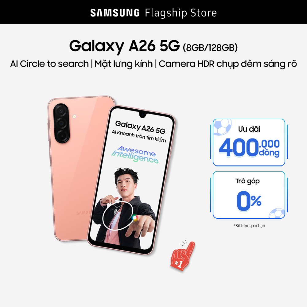 Điện thoại Samsung Galaxy A26 5G (8/128GB), Mặt lưng kính, AI-Circle to Search, Camera HDR chụp đêm sáng rõ