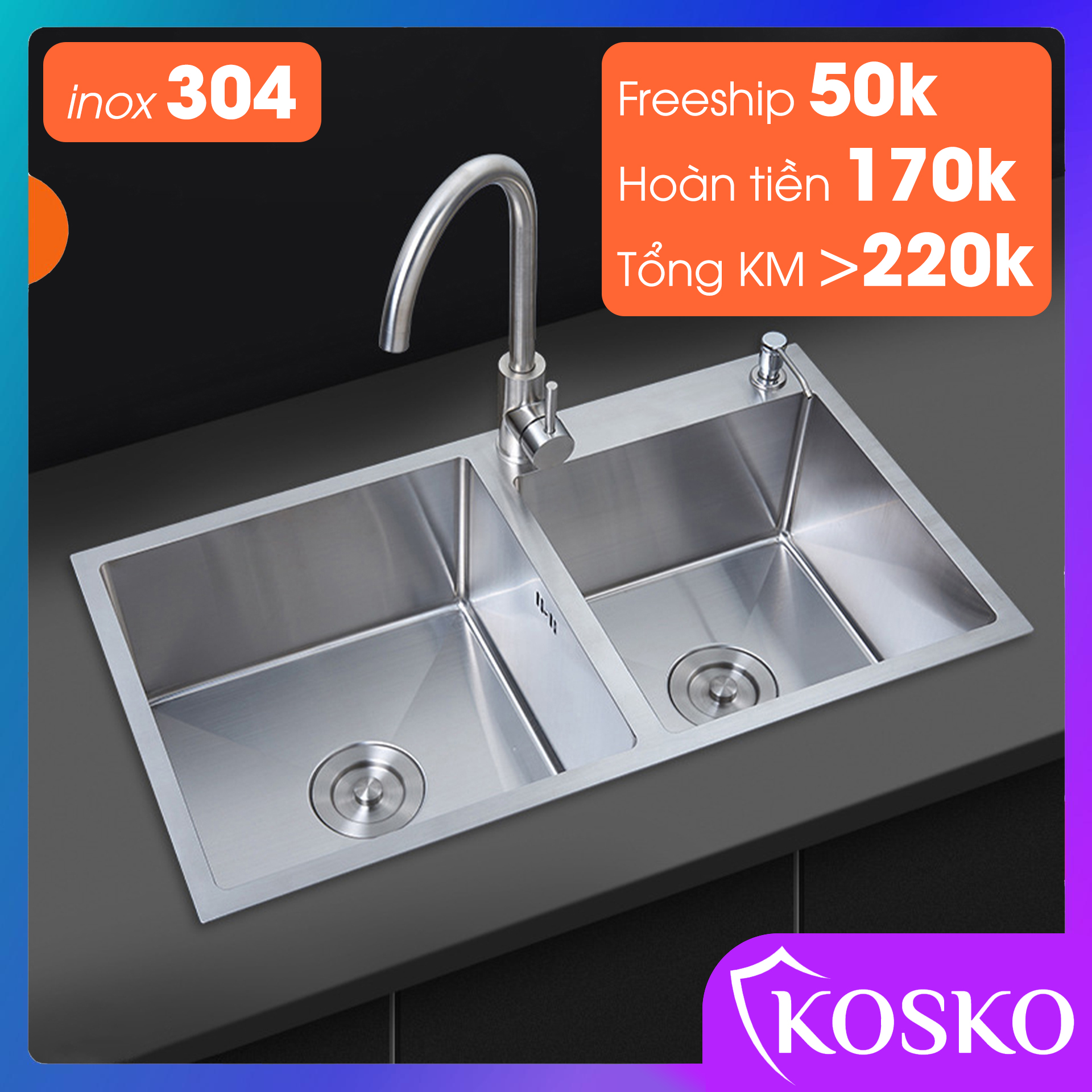 Tặng vòi nước rửa chén nóng lạnh - Bồn rửa chén, chậu rửa bát inox 304 KOSKO đúc nguyên Khối 82x45cm, bồn rửa chén inox đã bao gồm bộ xả và kệ để đồ đa năng. Bảo hành 12 tháng – 1 đổi 1 trong vòng 7 ngày