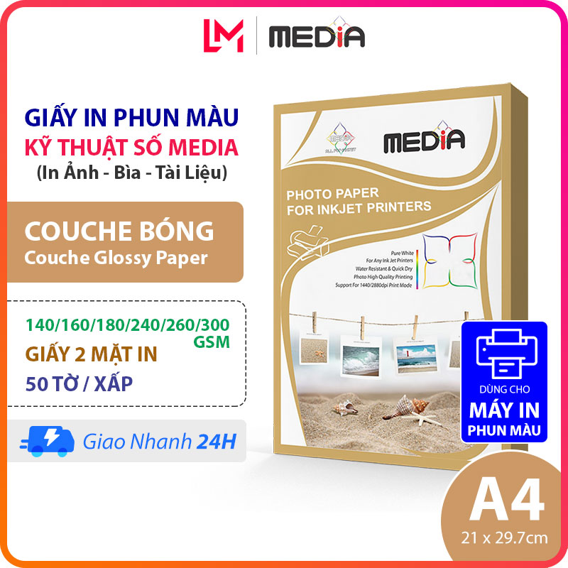 Giấy in màu media a4 couche bóng 2 mặt in 140/160/240/260/300gsm 50 tờ, giấy ảnh couche glossy paper 21x30, giấy in phun màu a4
