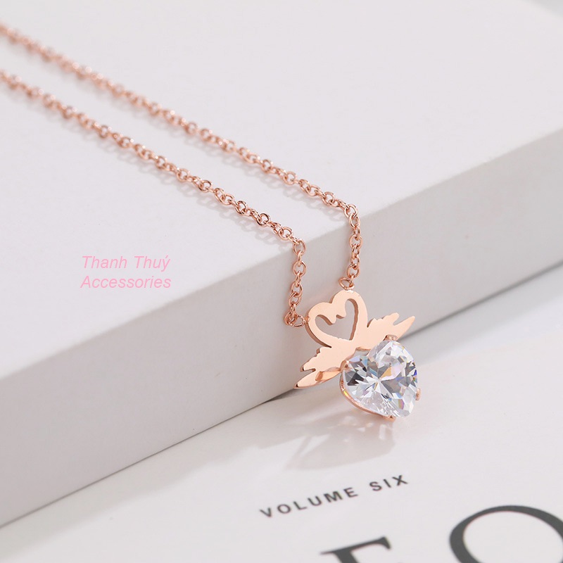 Dây chuyền titan màu vàng hồng đôi thiên Nga đá trắng