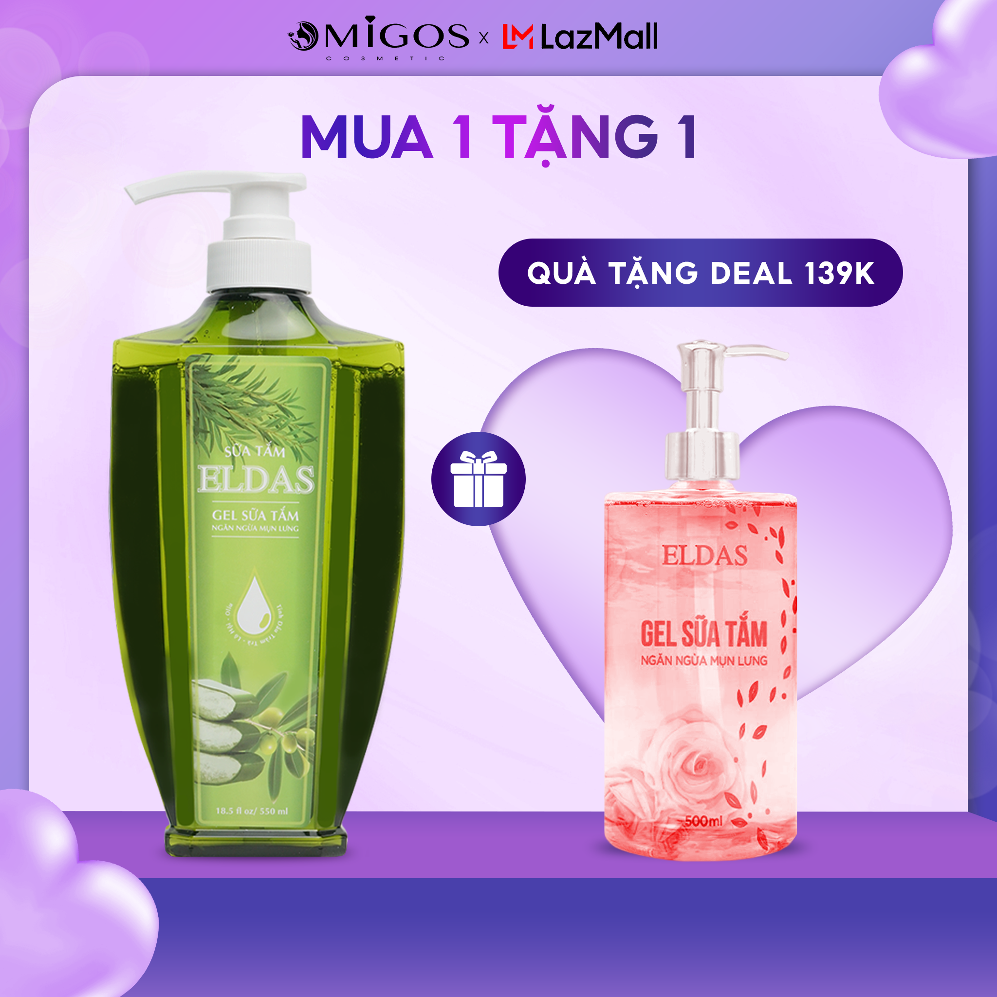 Sữa tắm mụn lưng eldas, sữa tắm mụn lưng, tinh chất tràm trà khổ qua, diệt khuẩn ngừa mụn lưng 550ml