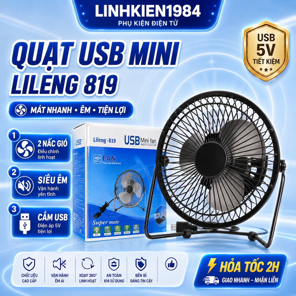 Quạt Để Bàn Có Dây (USB) LILENG 819 Màu Đen, Cánh Nhựa - Phù Hợp Cho Trẻ Em, Gia Đình