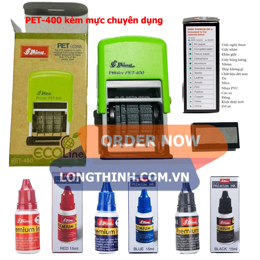 [HCM]Con dấu đóng ngày tháng năm (date) Shiny PET-400 mực chuyên dụng  (in trên nylon, kính, nhựa ...) kèm mực chuyên dụng