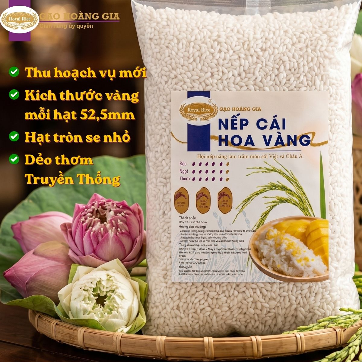 (1/3/5kg)Nếp Cái Hoa Vàng (Nếp Bắc) Hoàng Gia – Hạt Tròn Se Nhỏ Chuẩn 52,5mm , Dẻo Thơm Truyền Thống