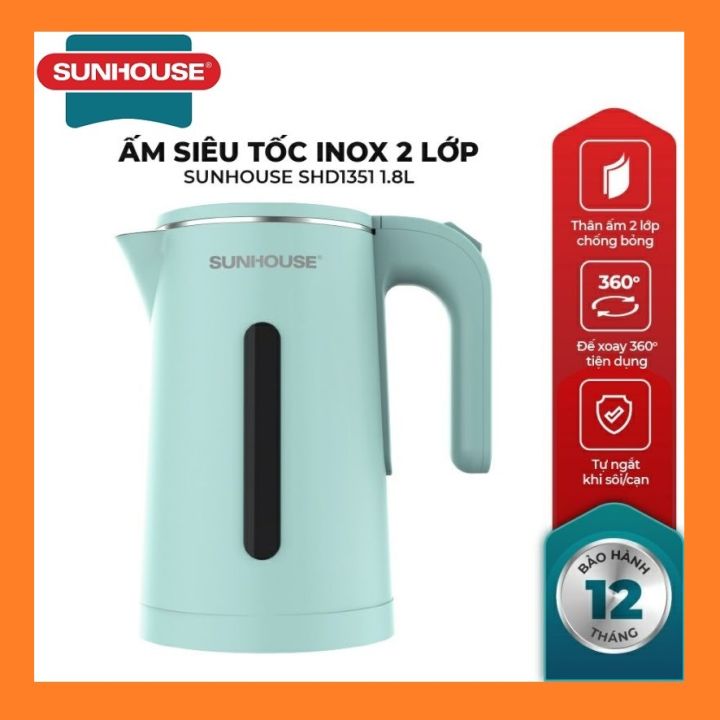 Bình đun siêu tốc sunhouse 1.8 lít shd1351 - bình siêu tốc shd1353, công suất 1500w, dung tích 1,8 lít, bảo hành 12 tháng