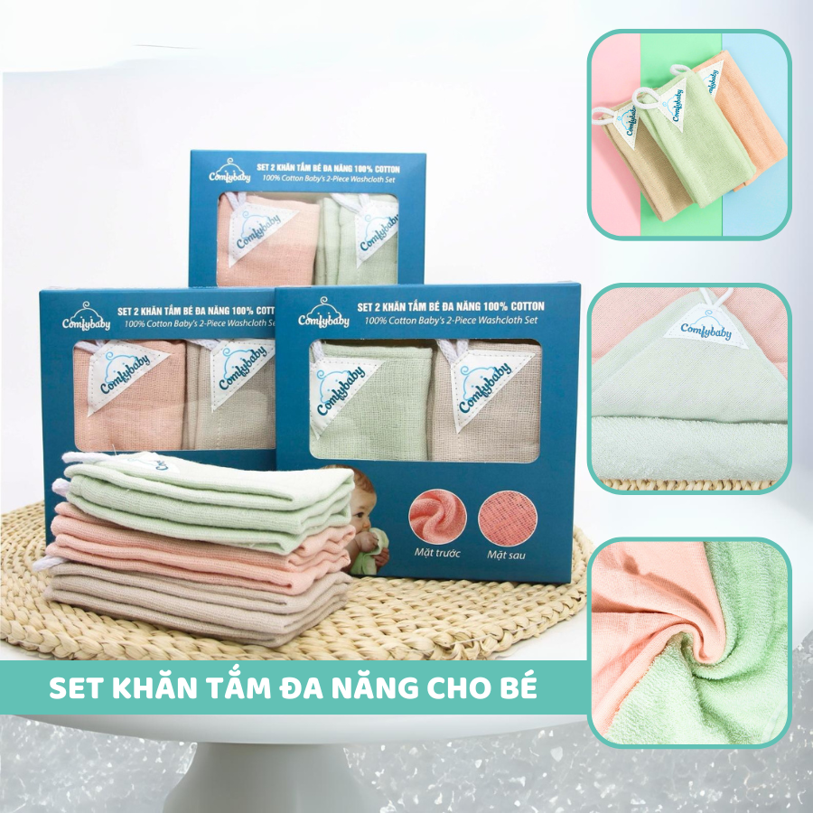 Set 2 khăn mặt - khăn tắm cho bé 100% Cotton cao cấp Comfybaby CF0121