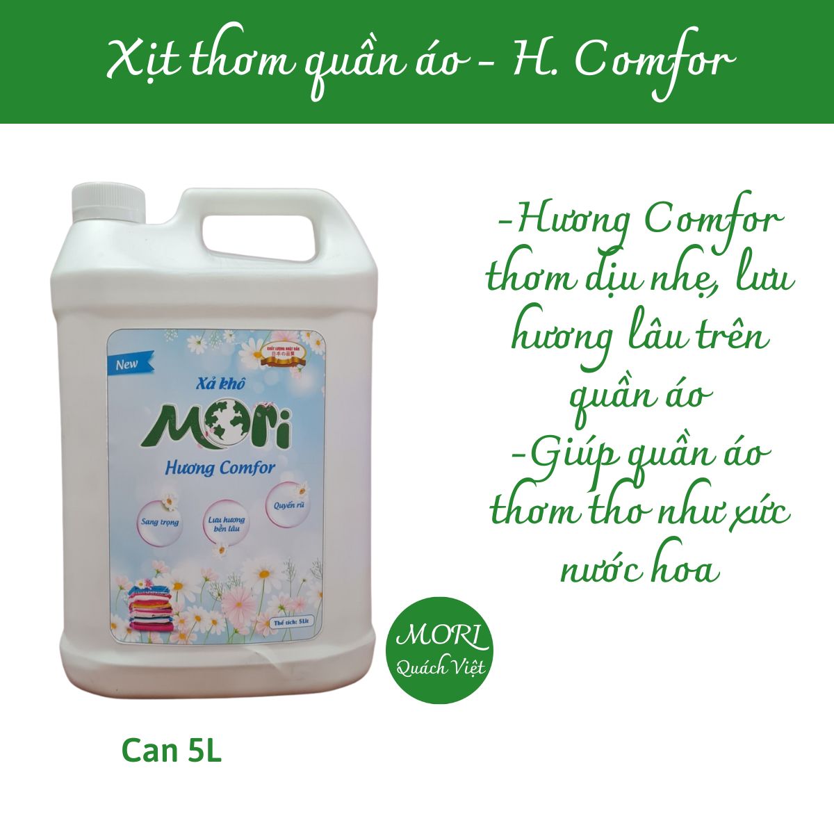 Xịt thơm quần áo MORI hương Comf, giúp quần áo thơm lâu hơn, dung tích 5L