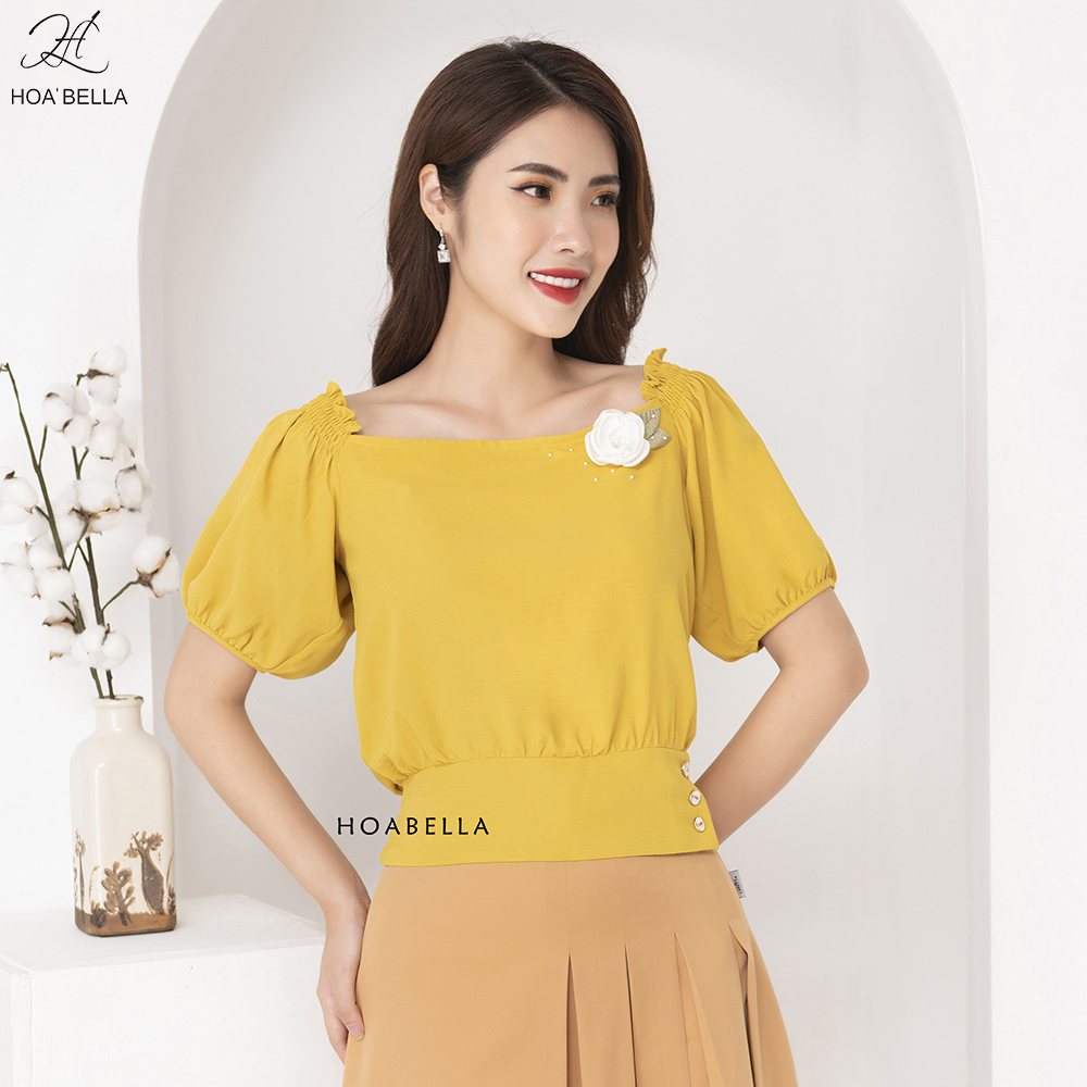 Áo croptop tay bồng hoabella lụa mongtoghi hoa đính kết