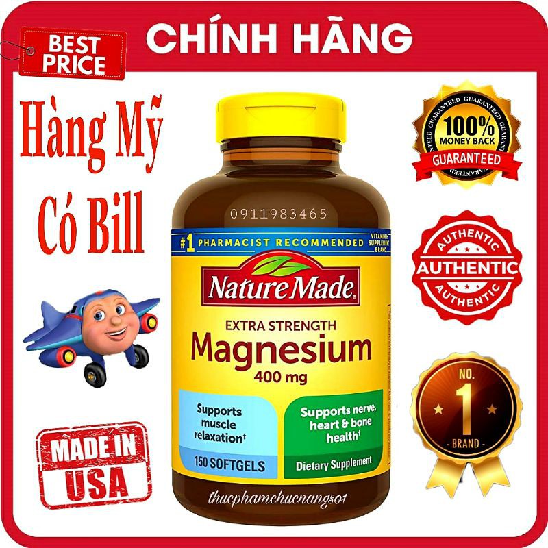 Magnesium nature made 400mg 150 viên bổ sung vitamin magie cam kết