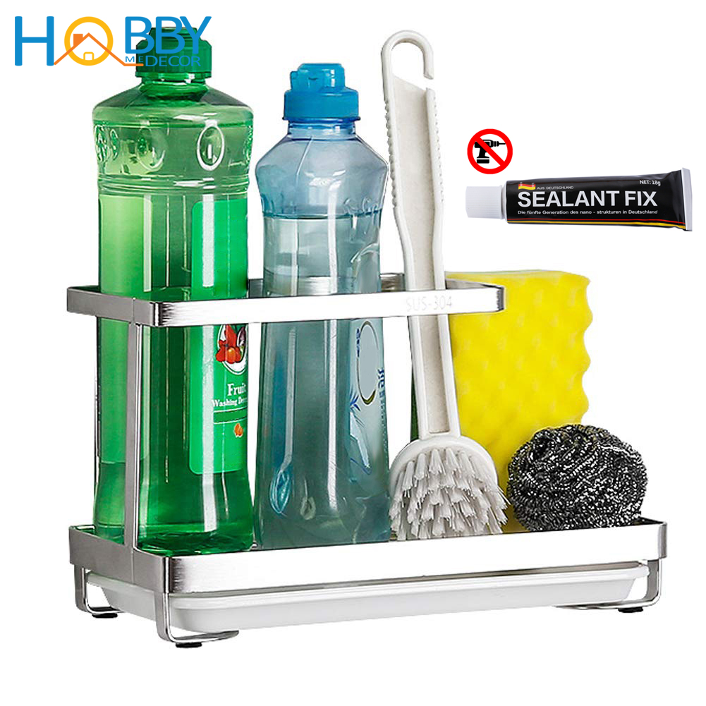 Kệ rổ đựng đồ rửa chén dán tường gạch men, kính HOBBY KRC2 có khay hứng nước và keo dán đi kèm- có thanh treo khăn