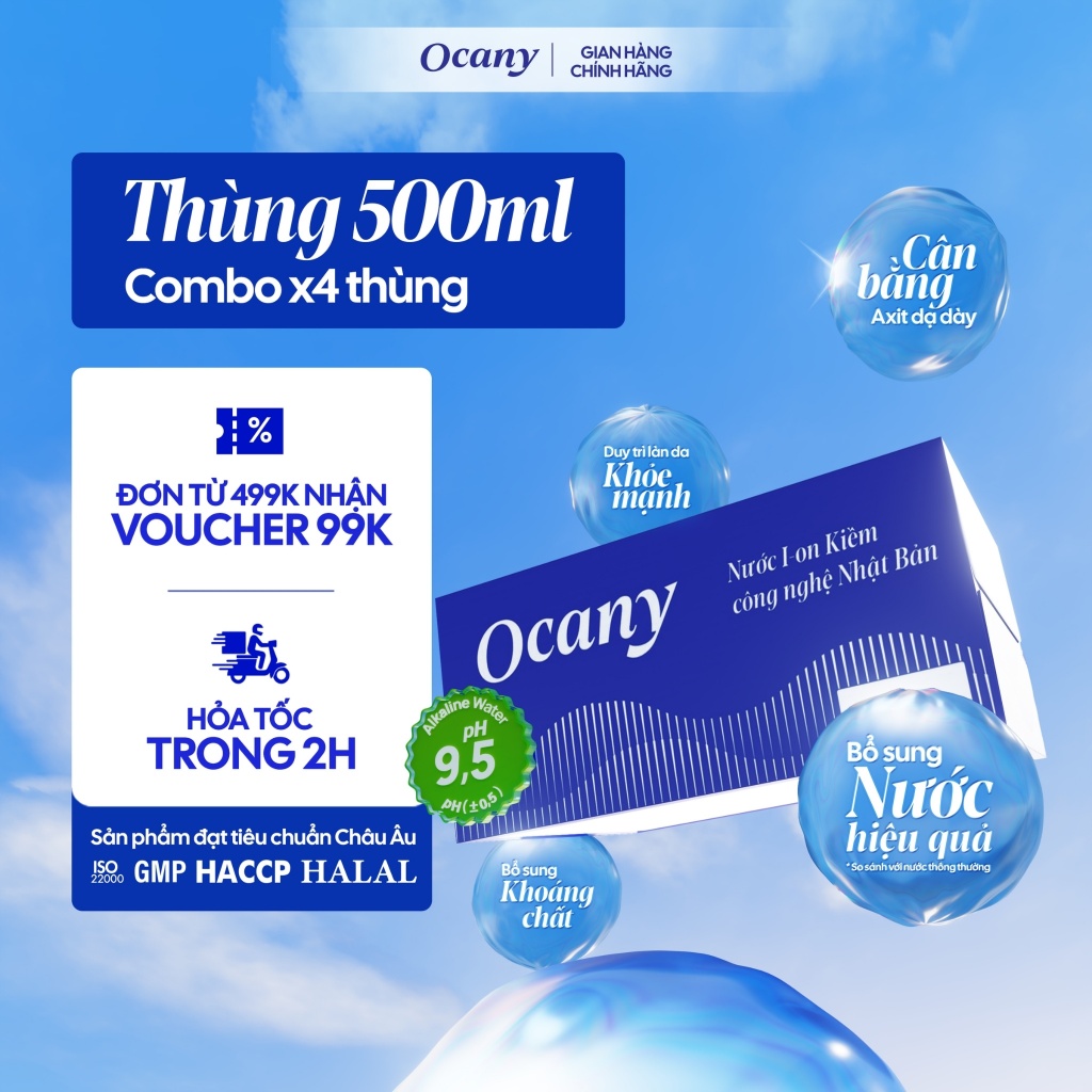 [COMBO 4 THÙNG] Thùng 24 chai nước Ion Kiềm Ocany cao cấp pH 9.5 chai 500ml giúp trung hòa axit dạ dày