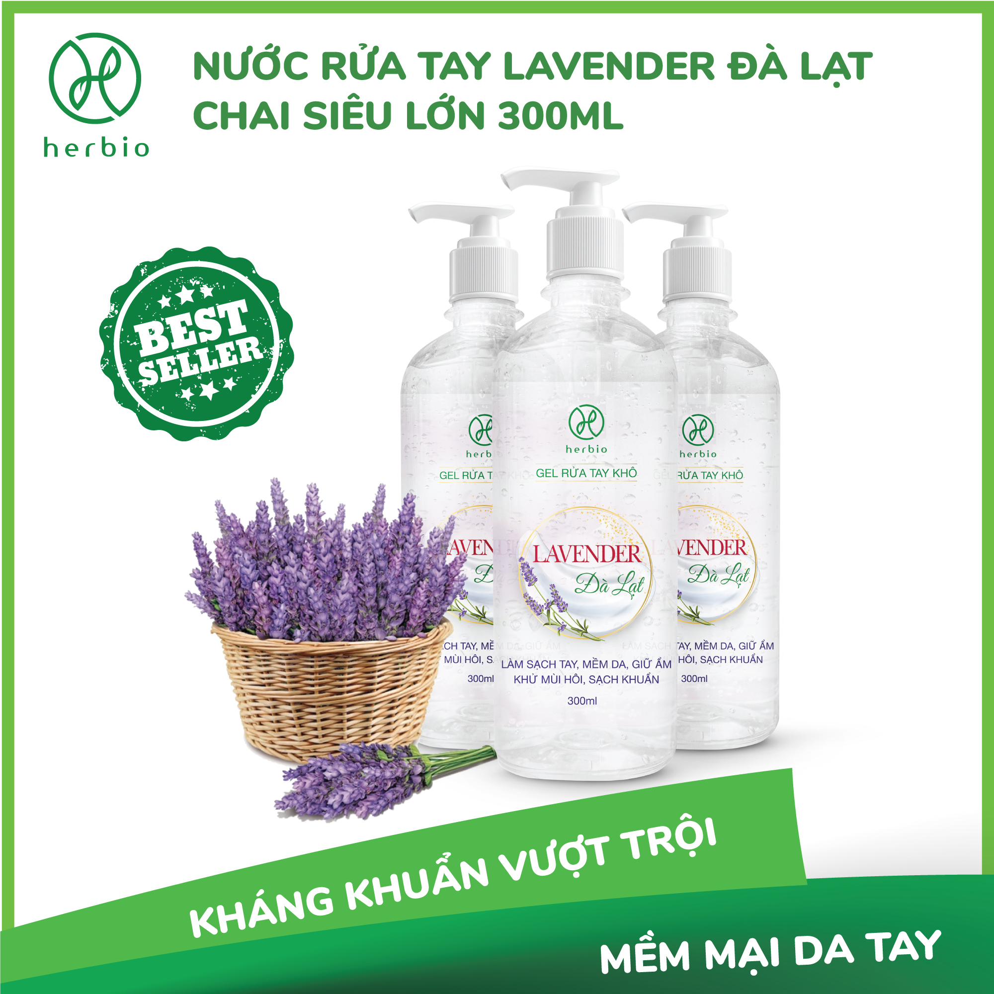 [HCM]Gel rửa tay khô diệt khuẩn Herbio  hương Lavender Đà Lạt  chai 300ml - diệt khuẩn 999%  khử mùi hôi  giữ ẩm  làm mềm da