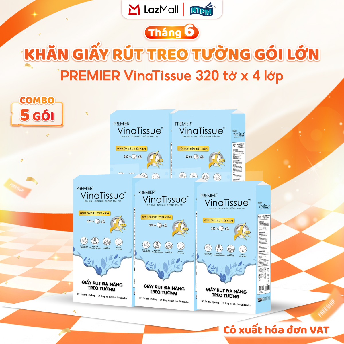 [COMBO 5 GÓI, KHÔNG MÓC TREO] Giấy rút treo tường PREMIER Vinatissue, 4 lớp - 100% bột giấy nguyên sinh, không chất tẩy, 320 tờ/gói lớn - Chính hãng