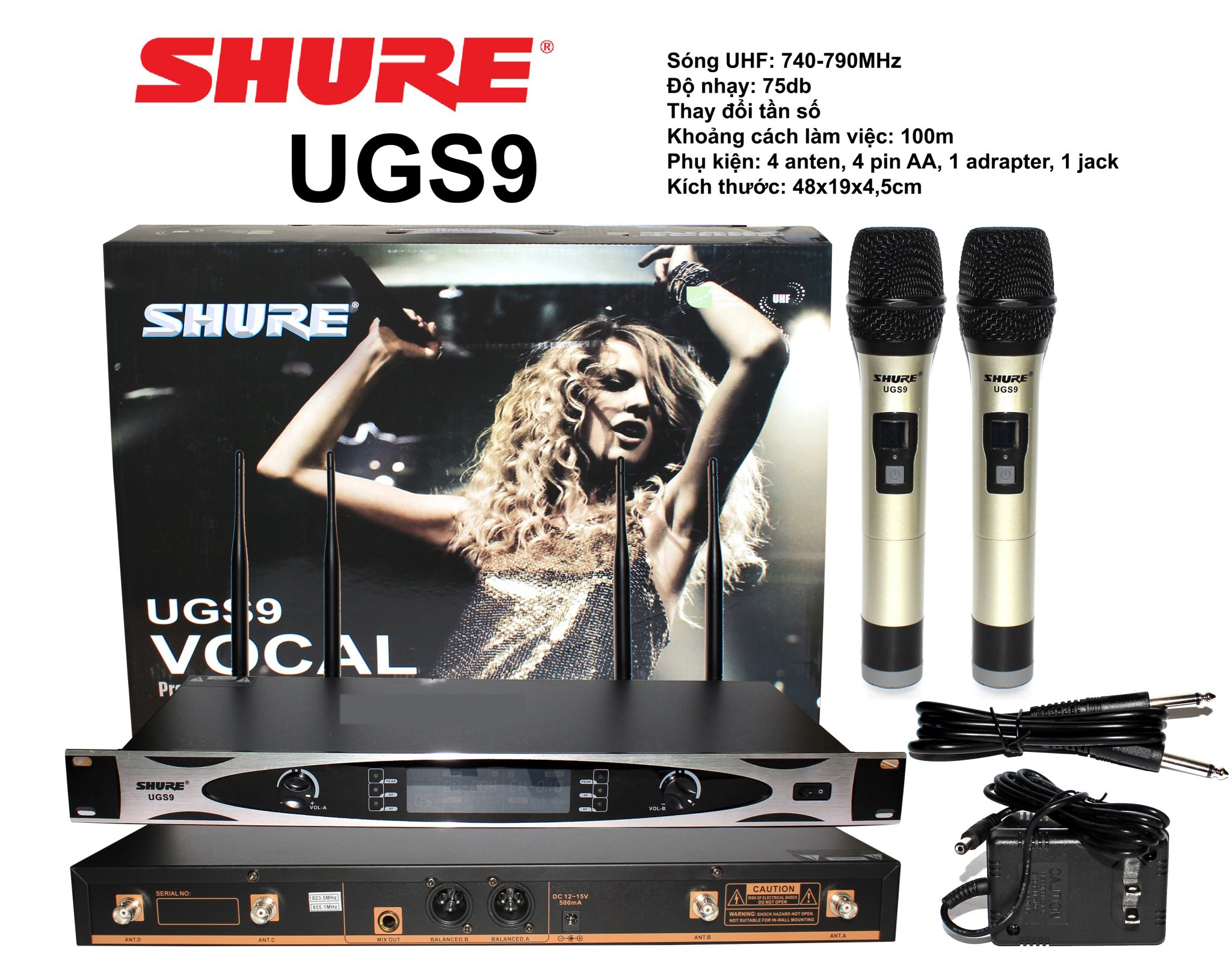 Bộ Micro Karaoke Không Dây Shure UGS9 4 Râu Và Đầu Thu Sóng Siêu Cao Tần UHF Siêu Chống Hú Rít Lọc Âm Thanh Cực Tốt Tần Thu Phát Sóng Rộng Hát Karaoke Cực Đỉnh Không Bị Méo Tiếng Thiết Kế Micro Sang Trọng Đẹp BH12TH