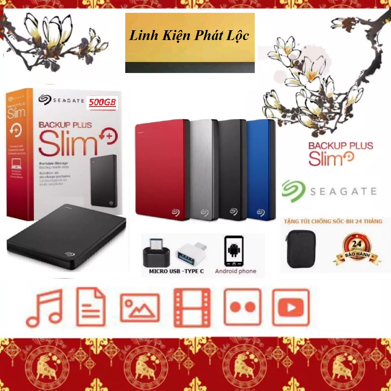 Ổ cứng di động Seagate Backup Plus Slim 250GB,320GB,500GB,1TB BH 24 Tháng-Tặng túi chống sốc,đầu chuyển OTG Micro USB, Type-C dùng kết nối với SmartPhone(Androi Phone)