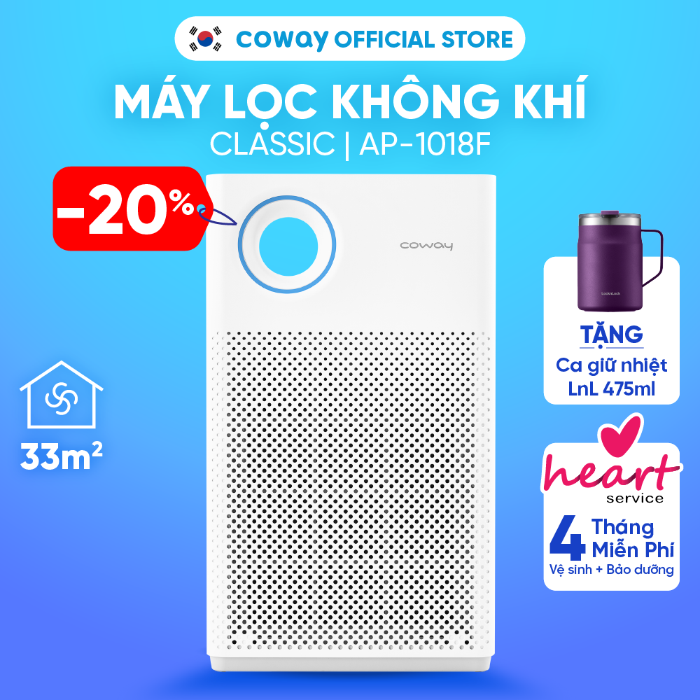 Máy lọc không khí Coway Classic AP-1018F | Diện tích 33m2 | Hệ thống lọc 4 bước giúp loại bỏ 99.99% vi khuẩn, lọc lông thú cưng, đèn LED hiển thị chất lượng không khí | Hàng chính hãng
