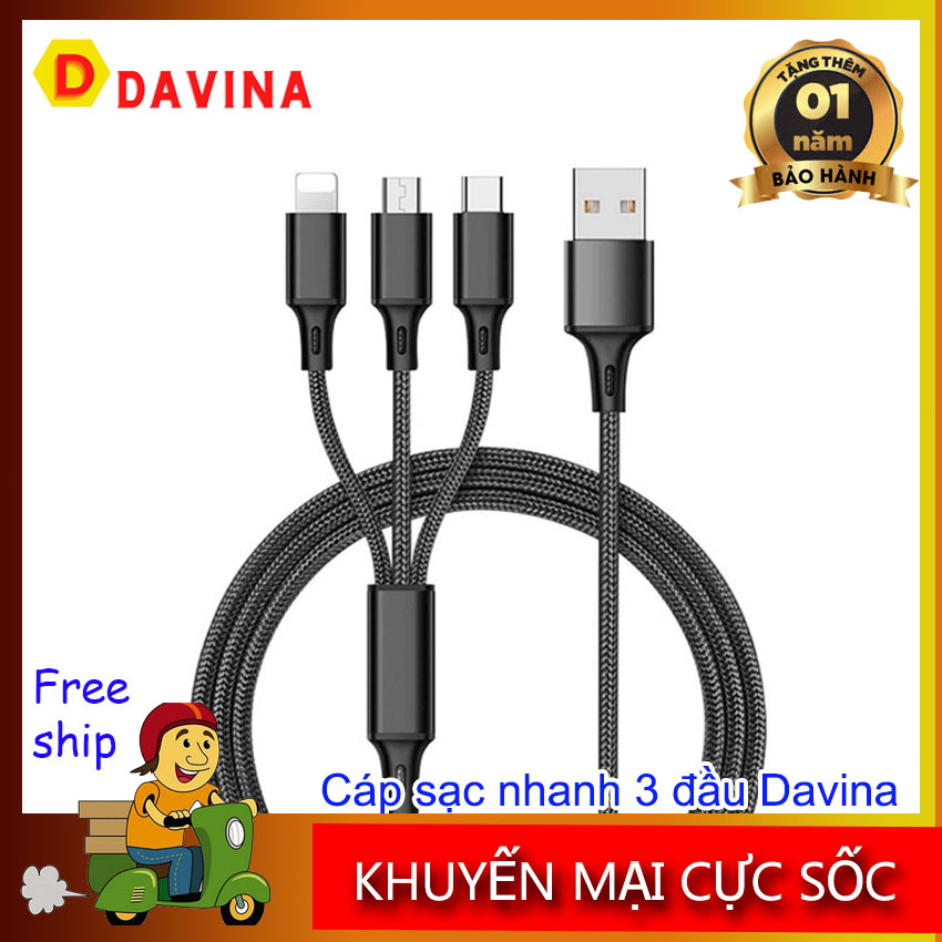 [HÀNG CHẤT] Cáp sạc đa năng 3 đầu E01 Davina hỗ trợ 3 Đầu Lightning - Micro USB - Type C, cáp sạc iphone, cáp sạc samsung, cáp sạc oppo