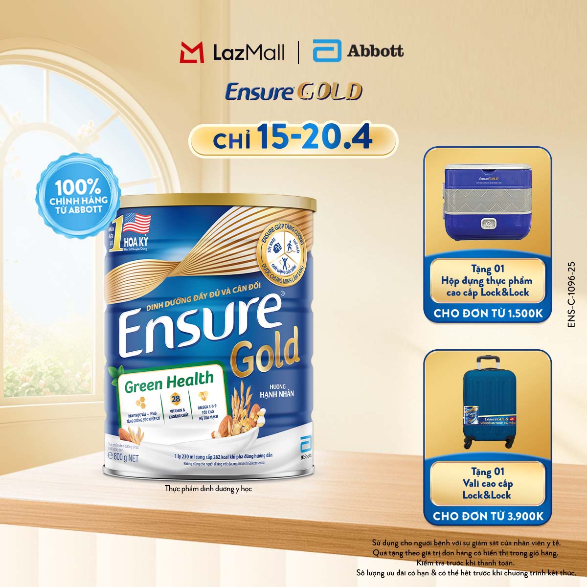 [CHỈ 15-20.04 QUÀ TẶNG CHO ĐH 1500K-SLCH] Lon sữa bột Ensure Gold Green Health 800g (New)