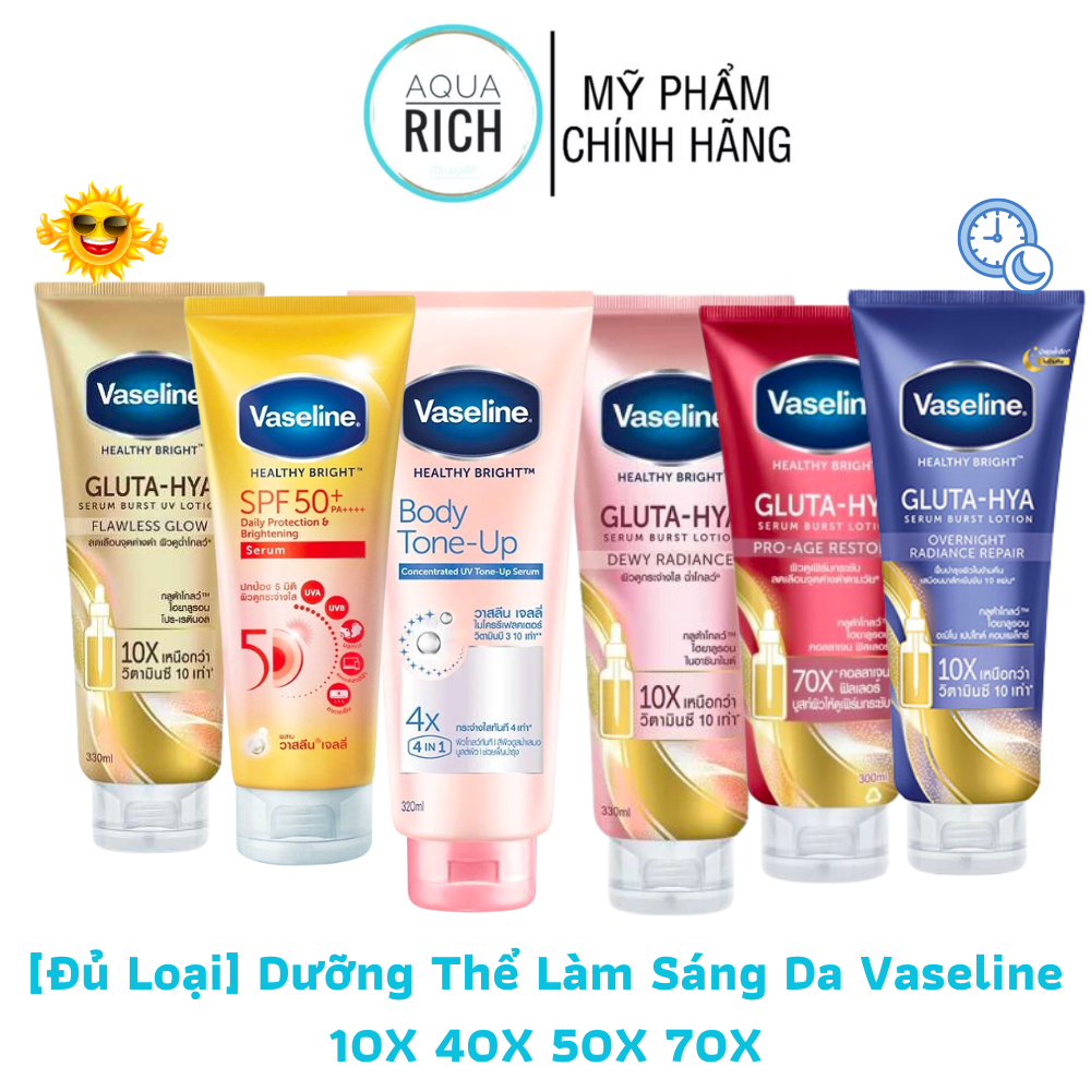 Sữa Dưỡng Thể Vaseline 10X - 4X - 7X - 50x Sáng Da, Mờ Thâm Vaseline Healthy Bright Gluta-Hya Serum Burst 330ml [Ngày - Đêm]