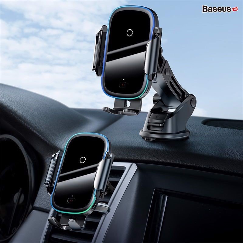 Giá đỡ điện thoại tích hợp sạc nhanh không dây 15W dùng trên xe hơi Baseus Light Electric Holder Wireless Charger, vừa có thể gắn cửa gió máy lạnh hoặc gắn táp lô 2in1