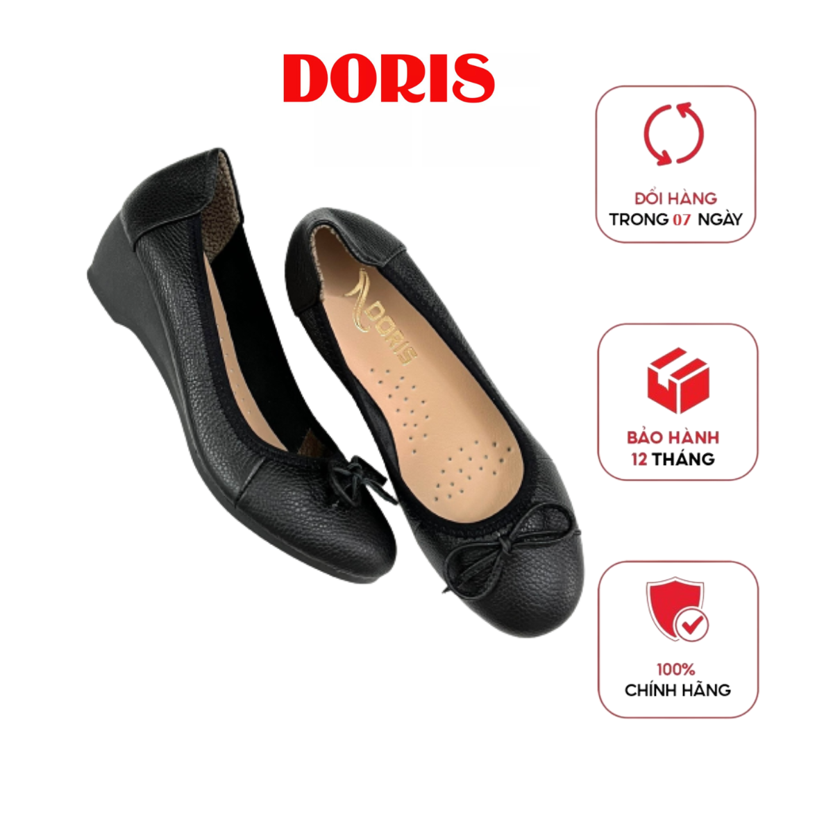 Giày búp bê da thật đế xuồng 5cm mũi tròn gắn nơ nhỏ doris dr508