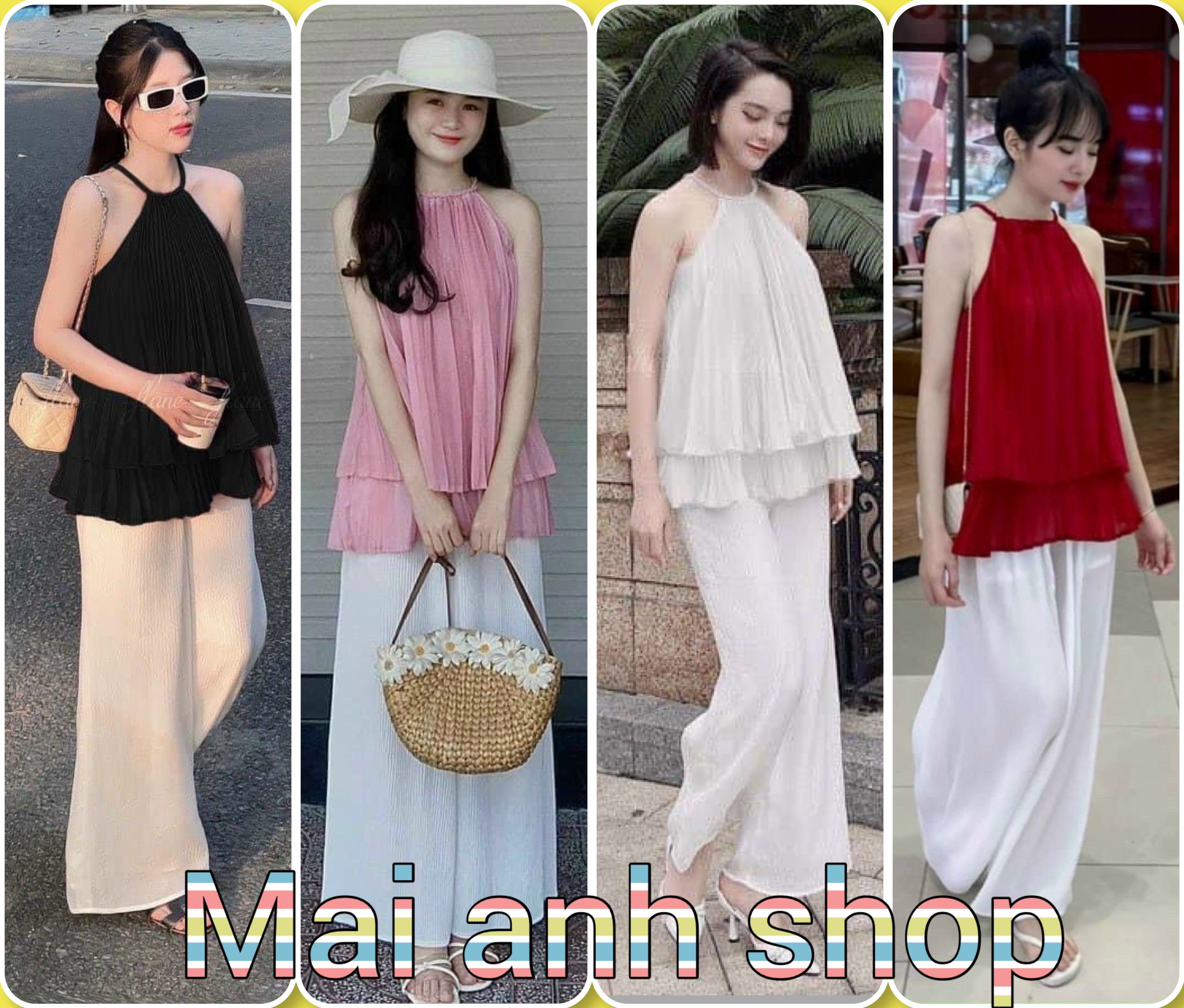 Set áo yếm dập ly + Quần ống rộng dịu dàng nữ tính