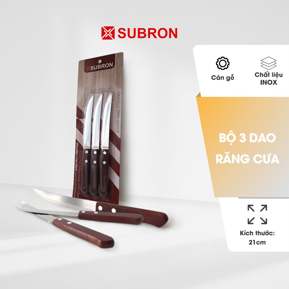 Dao răng cưa cắt bánh mì, ăn bít tết subron - bộ 3 dao cán gỗ dài 21 cm