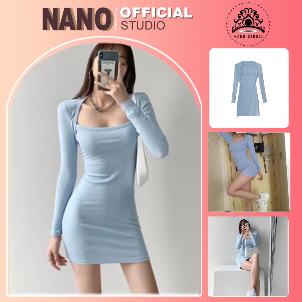 Đầm body dáng ngắn🌼NaNo Studio🌼váy ôm dài tay chất liệu dệt kim