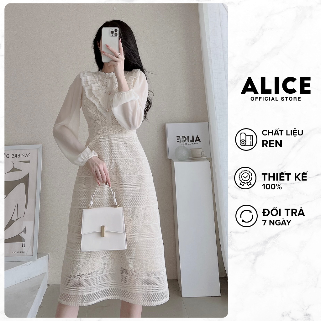 Váy Đầm Ren Dáng Suông ALICE Chất Vải Ren Hàn Lót Lụa, Thiết Kế Cổ Bèo Cao Cấp V750