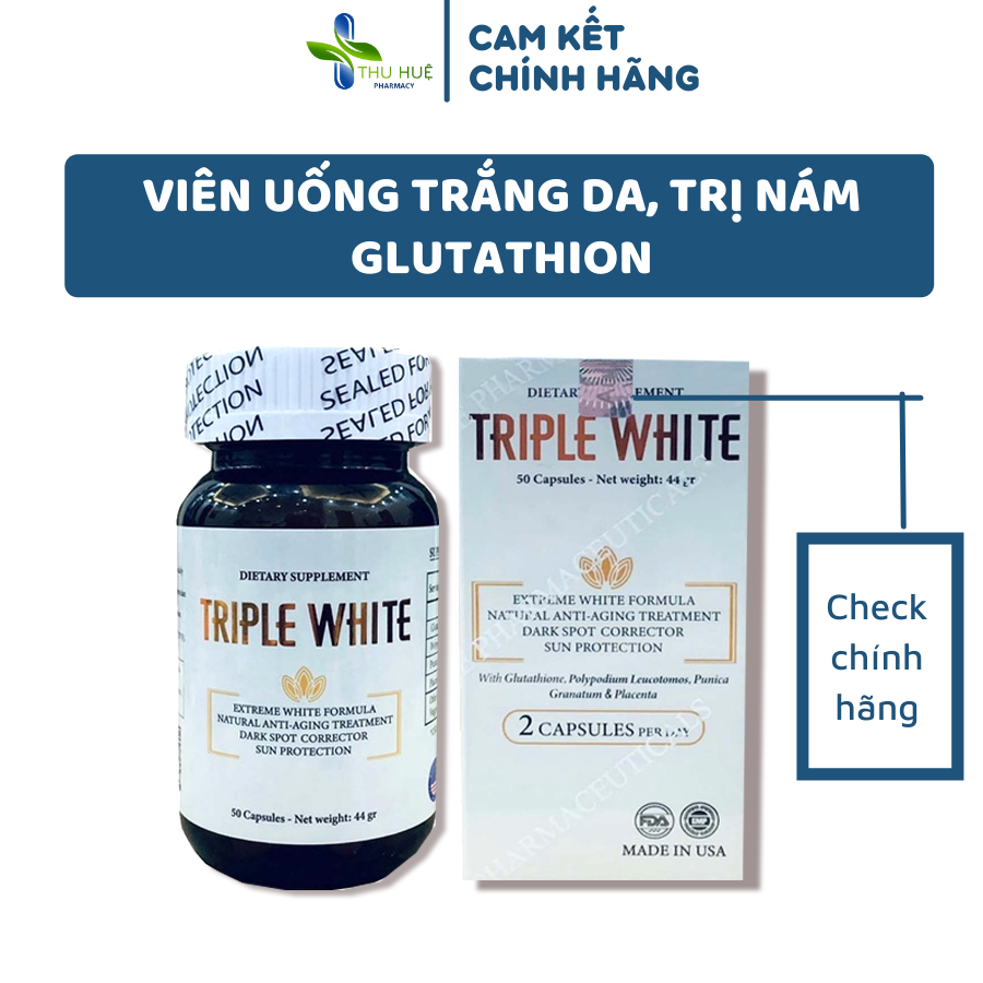 Viên uống trắng da TRIPLE WHITE chính hãng chứa Glutathion 1200mg hộp 60 viên, làm trắng sáng da, hỗ trợ giảm nám sạm sau 4-6 tuần được tin