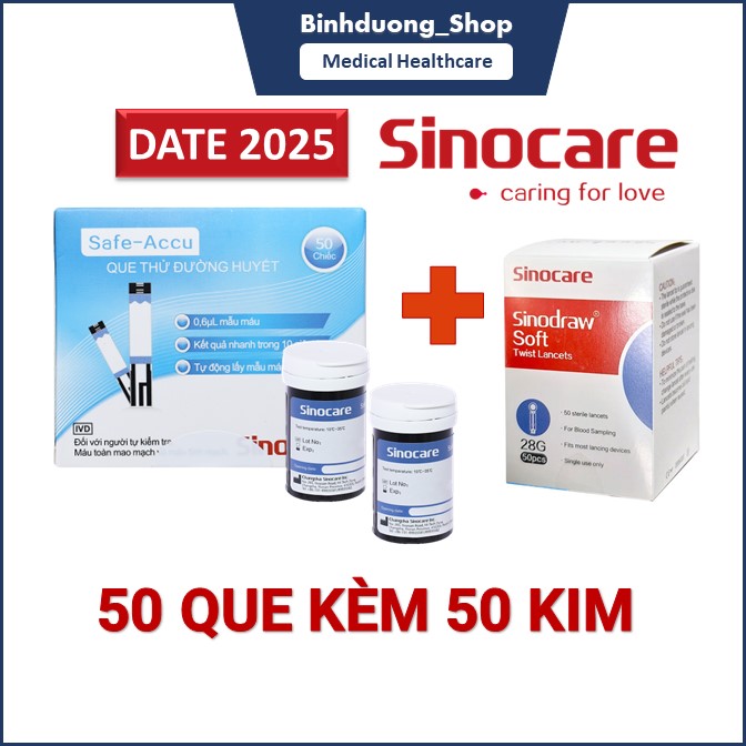 Hộp 50 que thử tiểu đường Safe Accu Sinocare Date 2024 dùng cho máy đo đường huyết kèm 50 kim lấy máu