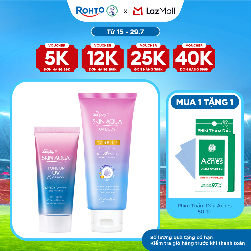 [VB] Bộ đôi chống nắng - nâng tông toàn diện cho mặt và cơ thể Sunplay Skin Aqua Tone Up (Kem chống nắng dạng tinh chất cho da khô, da thường 50g + Lotion chống nắng nâng tông 130g)