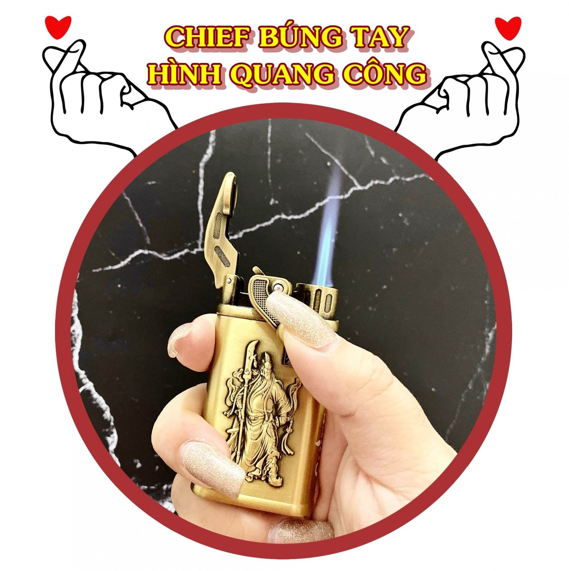 Bật lửa khè chief búng tay khắc nổi hình quan công -