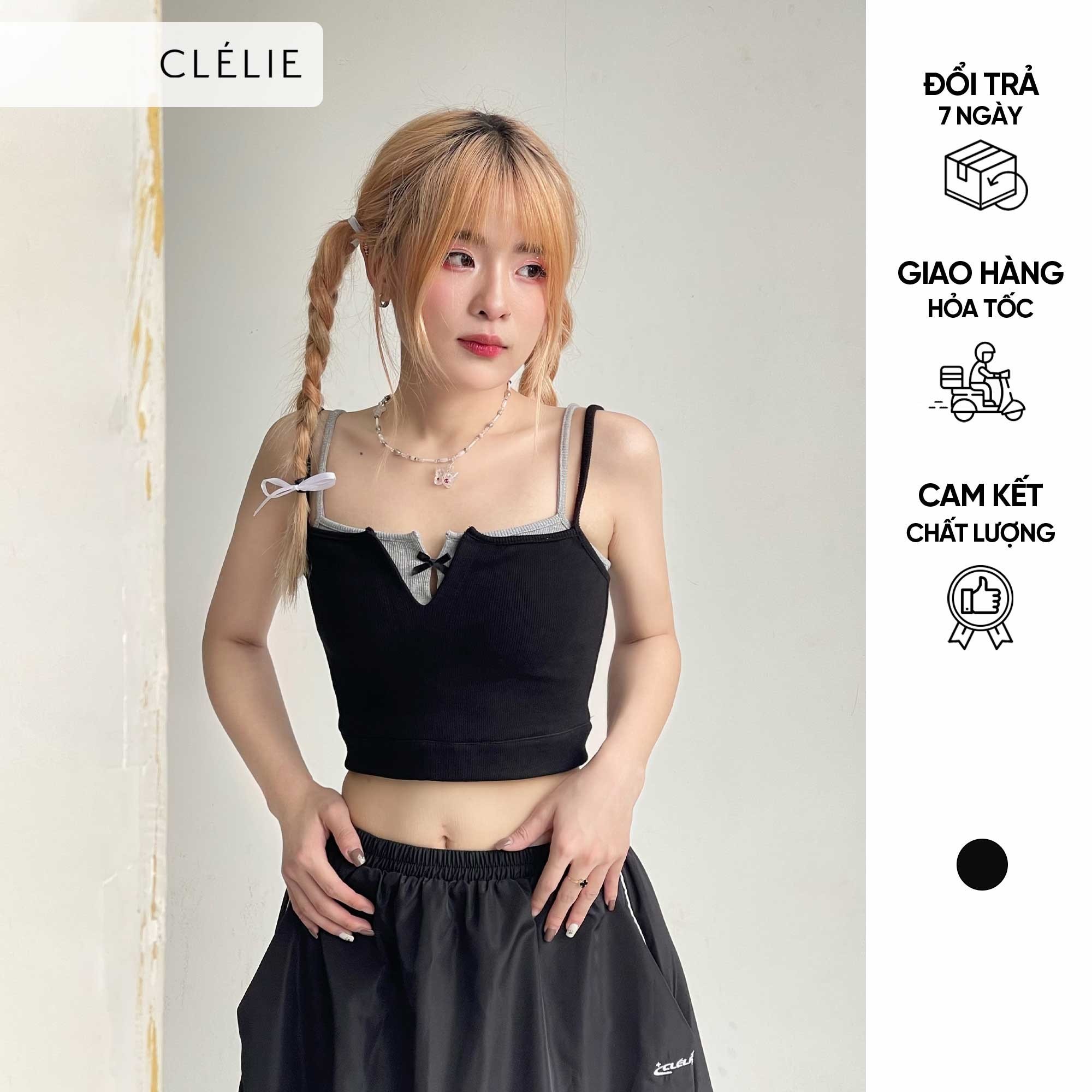 Áo croptop hai dây thun hai lớp đính nơ | cobi top - clélie