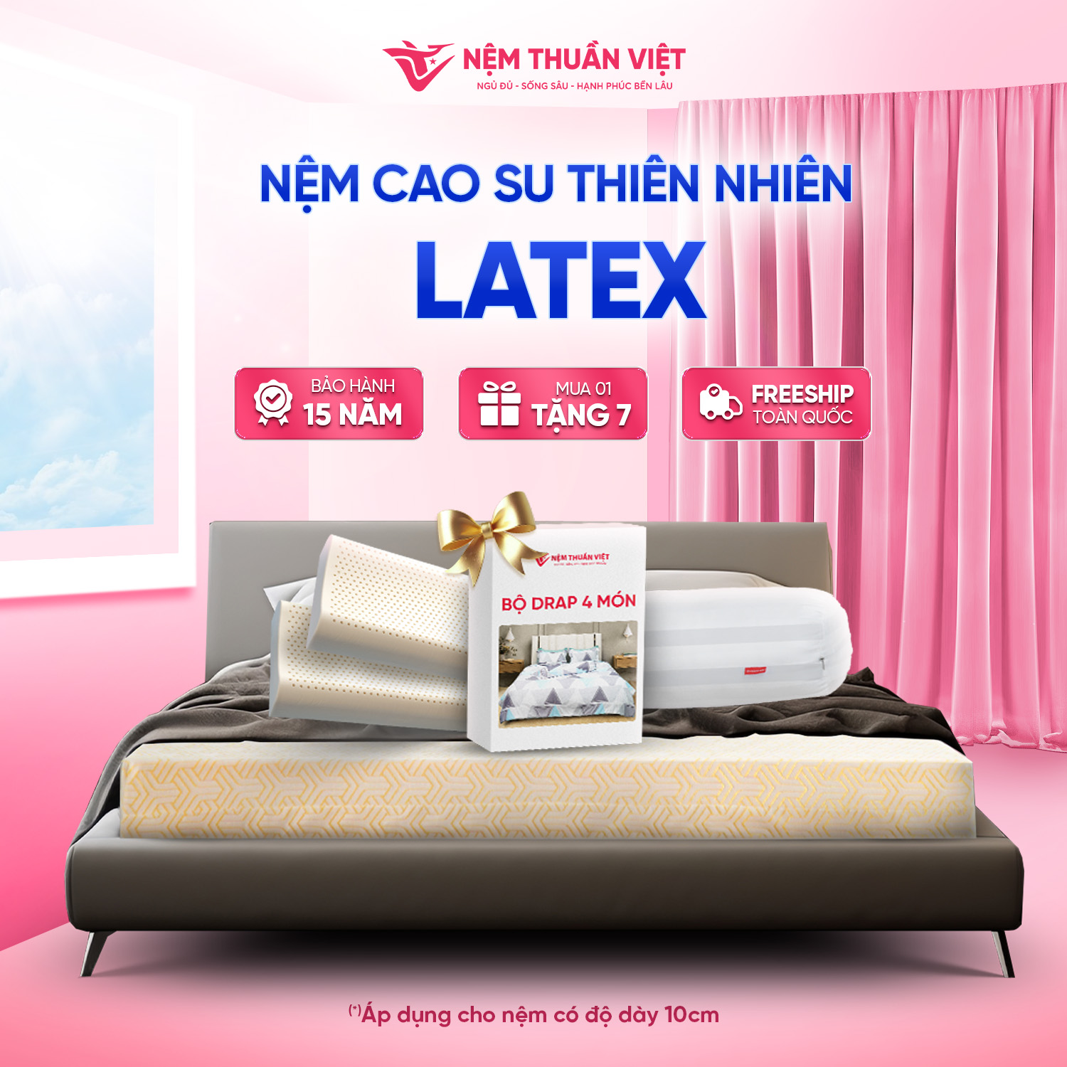 [Bộ quà 7 Món] Nệm Cao Su Thiên Nhiên Latex Thuần Việt - Nâng Đỡ 7 Vùng, Thoáng Khí - Bảo Hành 15 Năm
