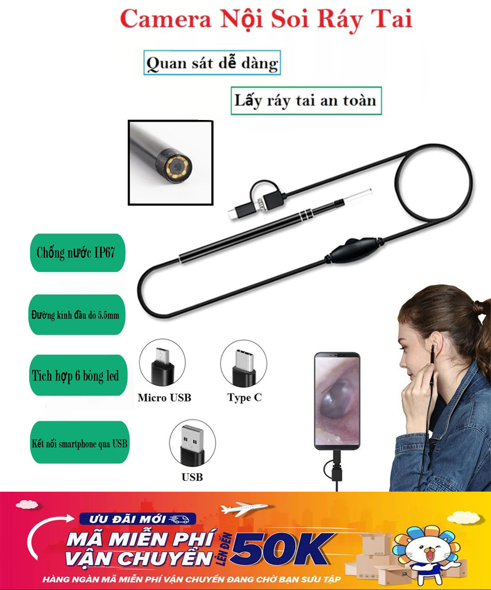 Camera nội soi cầm tay cho android giá rẻ đường kính 5.5mm chiều dài 1m chống nước ip67 m723 - cổng giao tiếp micro usb và usb-a