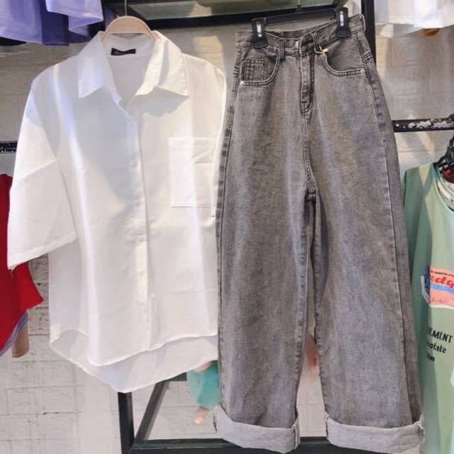 🔺set baggy ống suông xám + sơ mi tay lỡ