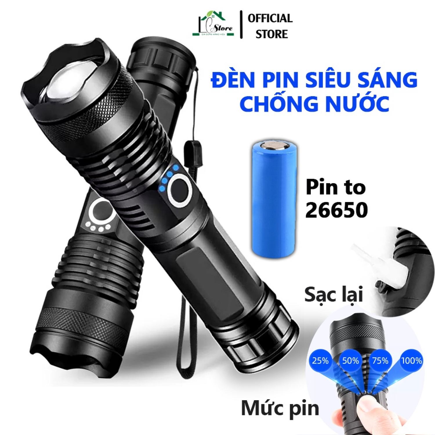 Đèn pin siêu sáng XHP50 bản cao cấp pin 26650 đèn led chiếu xa chống nước