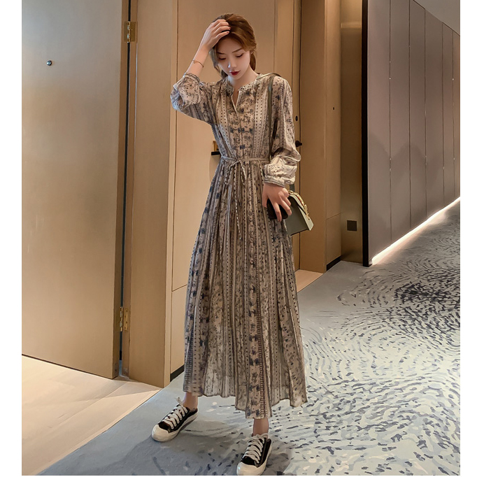Đầm maxi tay dài cổ tim chiết eo form cực đẹp tôn dáng