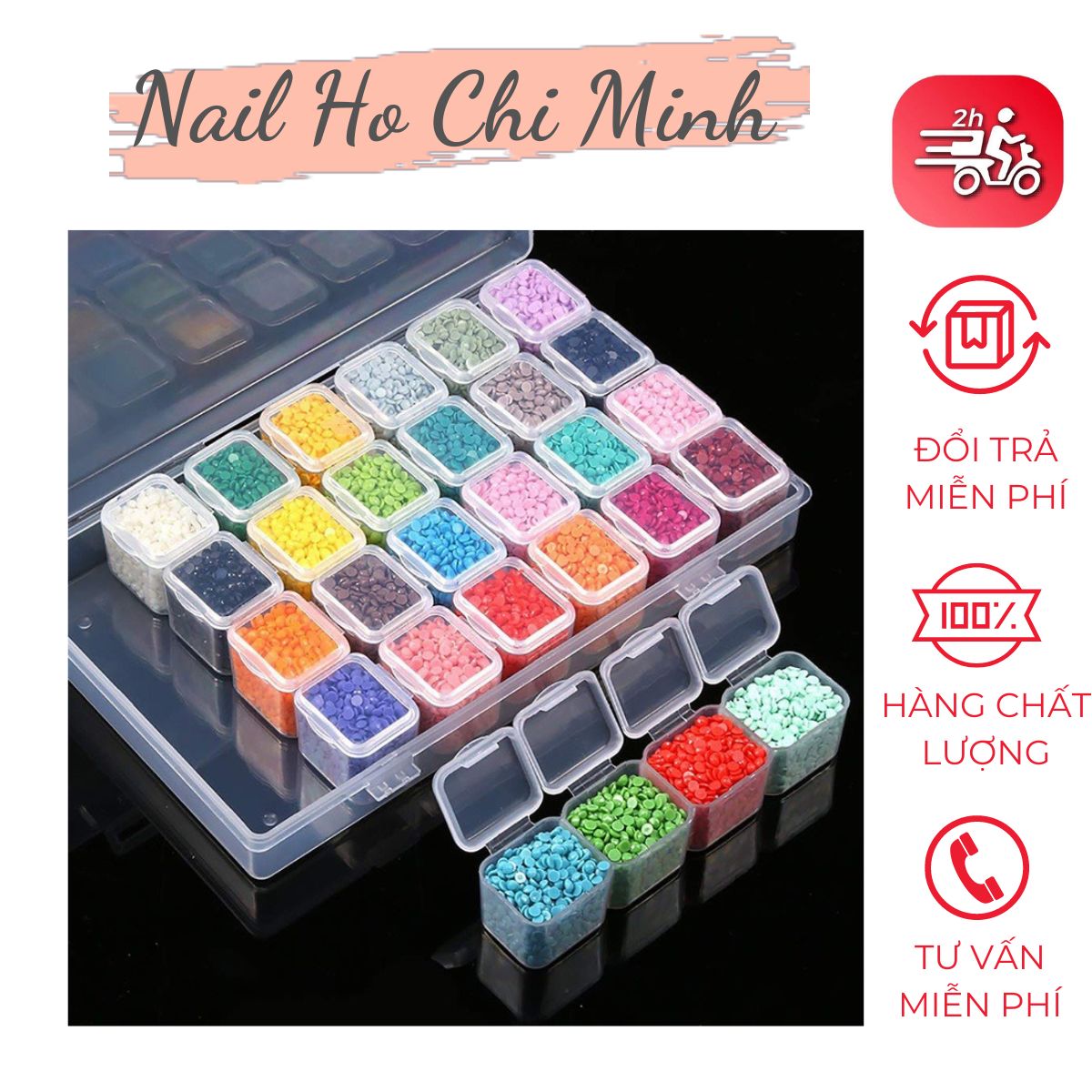 Hộp nhựa đựng đá, charm, phụ kiện nail 28 ô hộp rời