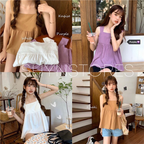 Áo babydoll Shynstores - áo 2 dây đũi bản to hở lưng  dây buộc nơ vải đũi mềm mịn freeship