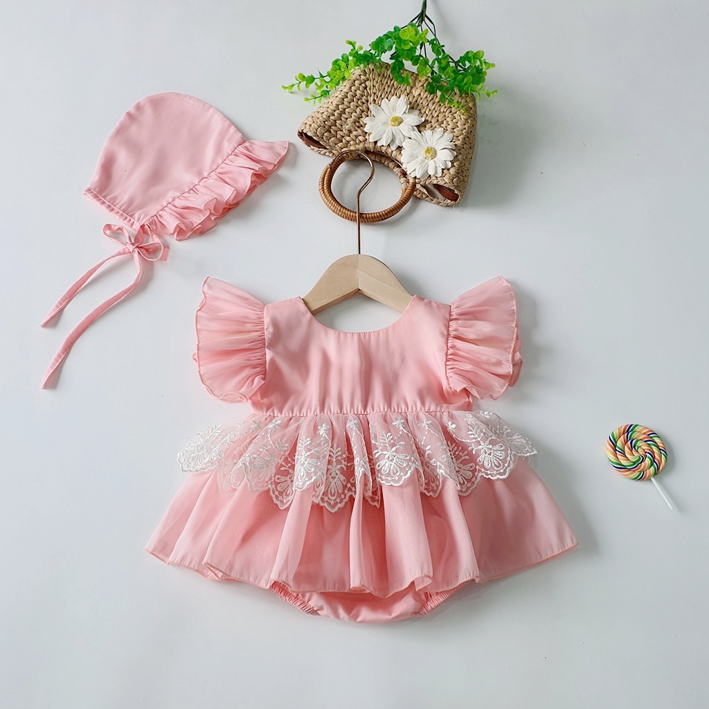 Body váy hồng tơ bún phối ren kèm mũ cho bé gái sơ sinh - 12 tháng, vaý đầy tháng thôi nôi, body đầy tháng thôi nôi