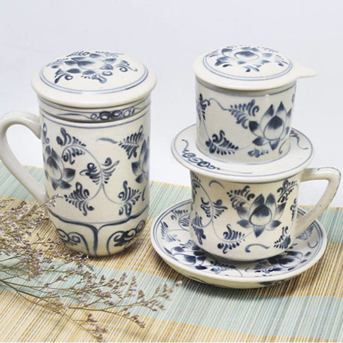 Combo phin cà phê trung và ly lọc trà vẽ sen xanh mnv-cb06