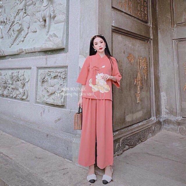 Đồ lam đi chùa cao cấp thêu sen