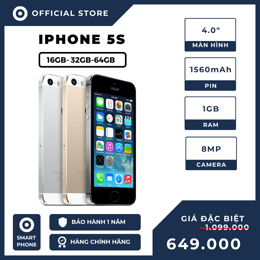 Điện thoại iP 5S cũ -16GB. Lắp sim nghe gọi tốt, màn hình cảm ứng mượt, nhỏ gọn, giá rẻ, điện thoại cũ giá rẻ