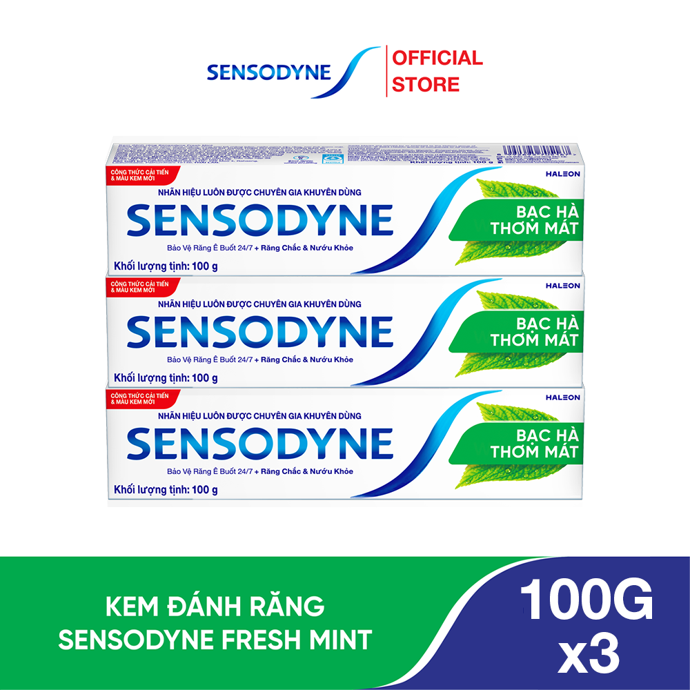 Bộ 3 Kem đánh răng SENSODYNE Fresh Mint 100g giúp giảm ê buốt hiệu quả với hương bạc hà thơm mát 