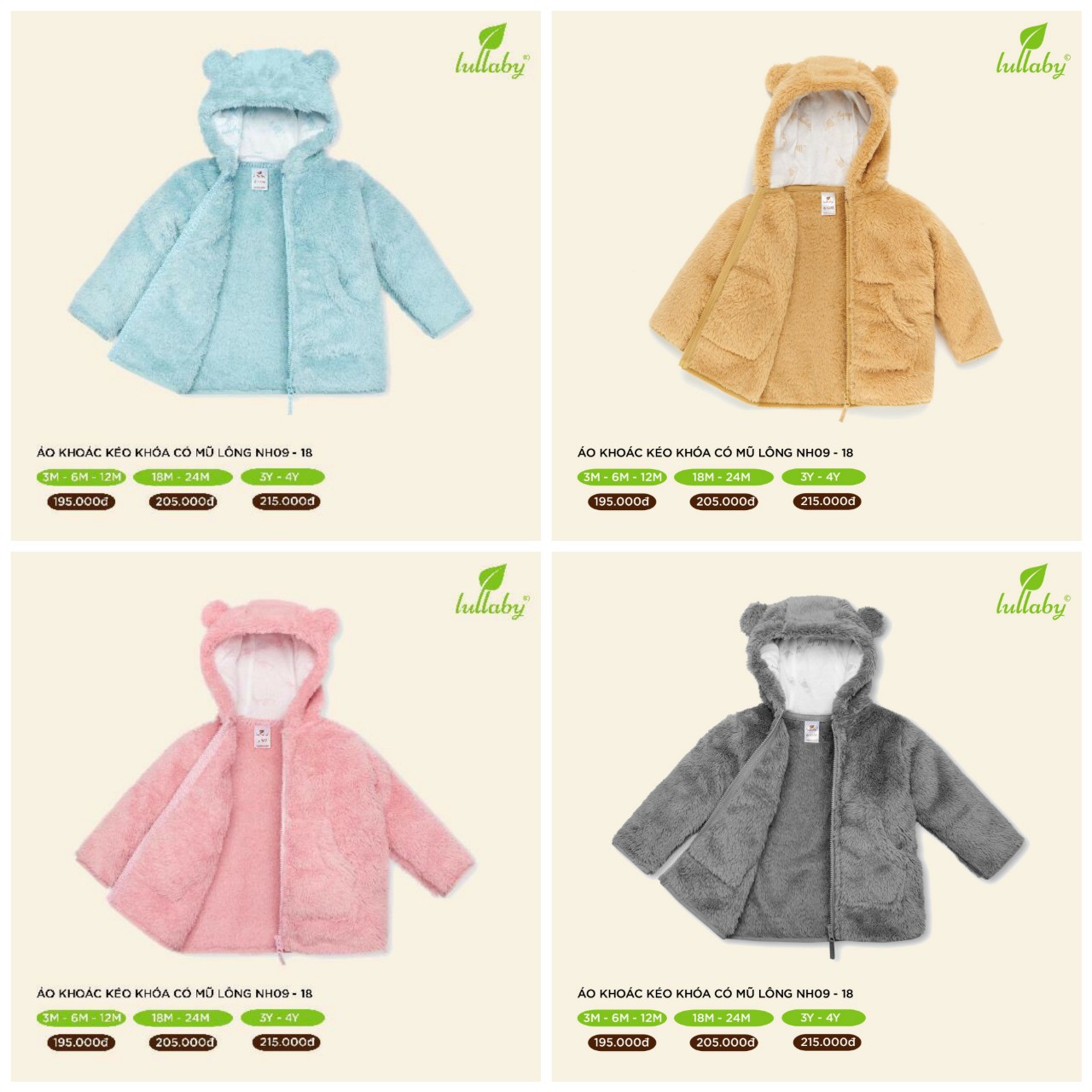 [HÀNG CHÍNH HÃNG] Áo khoác LULLABY khóa kéo có mũ tai gấu lông cừu mềm mại ấm áp cho bé trai bé gái từ 3 tháng đến 4 tuổi