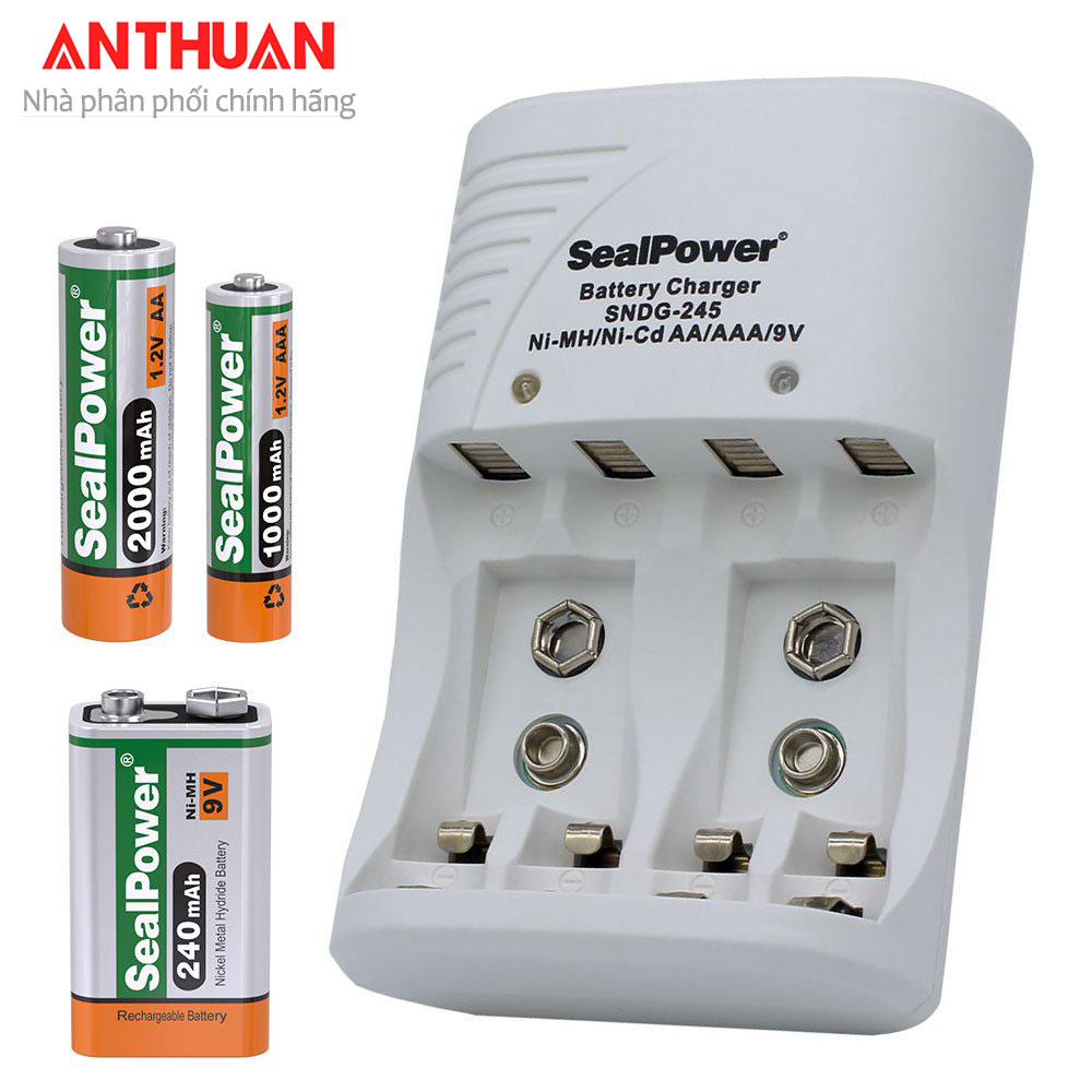 Máy sạc kèm pin tiểu, pin đũa, 9v aa/aaa, 2a/3a sealpower sndg-245 chất lượng cao.