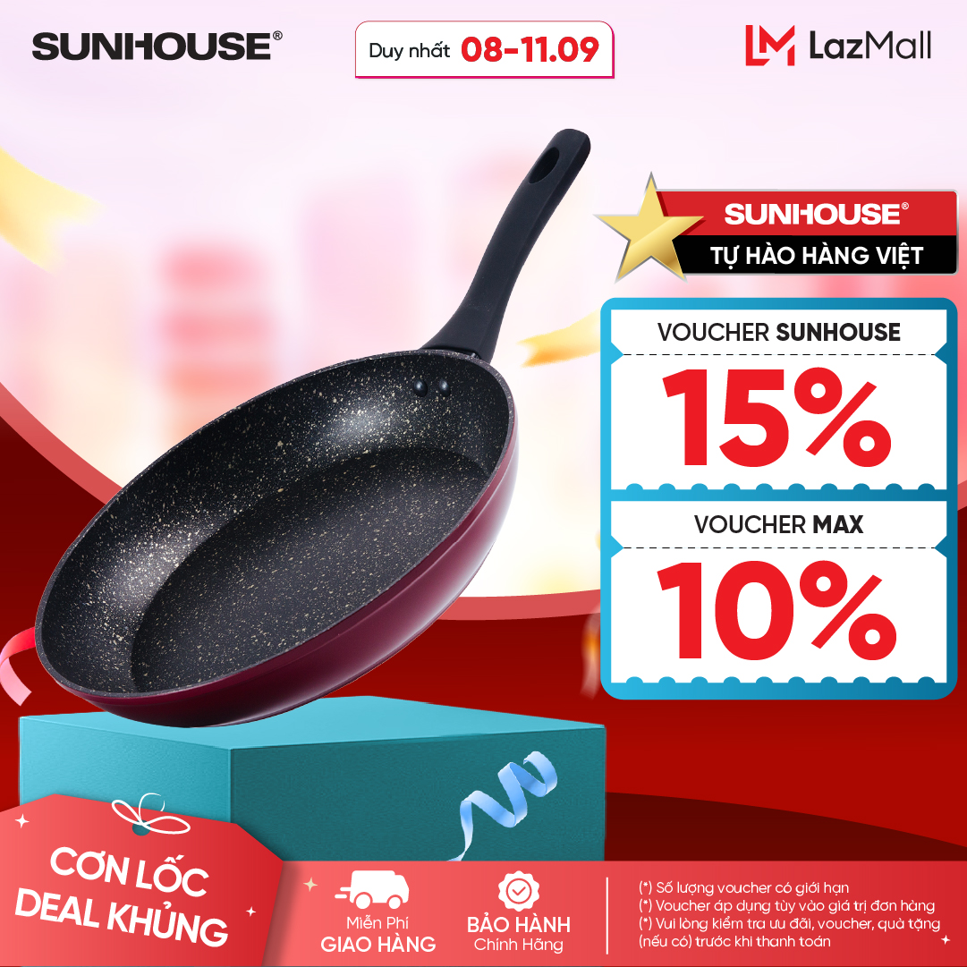 Chảo Đá Hoa Cương Đáy Từ SUNHOUSE SFP24B - Đỏ - 24 cm - 5 Lớp Chống Dính - Hợp Kim Nhôm Truyền Nhiệt Nhanh - Phù Hợp Mọi Loại Bếp - Hàng Chính Hãng