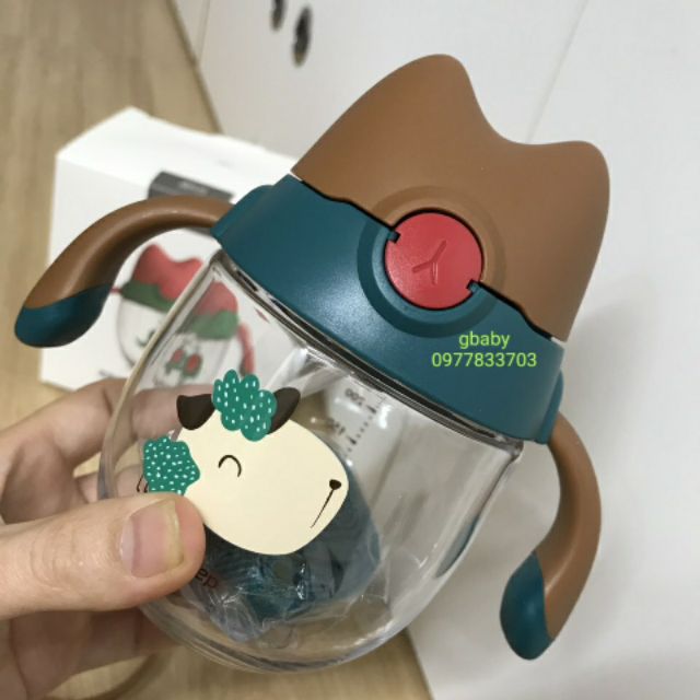 Bình Nước Trẻ Em Tập Uống Nhựa Tritan An Toàn 300ml Có Dây Và Tay Cầm (tặng kèm cọ vệ sinh vòi hút)